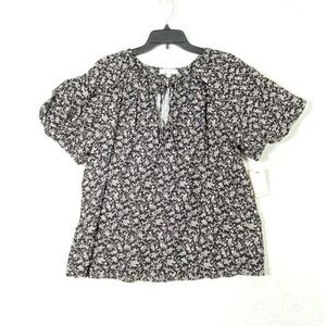 Angels Boho Floral Blouse Women's M Black White Short Flutter Sleeve Flowy NWT
